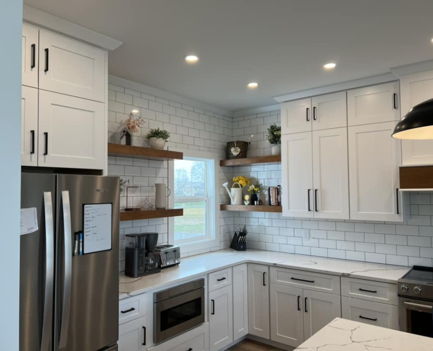 White Custom Cabinets and Floating Shelves